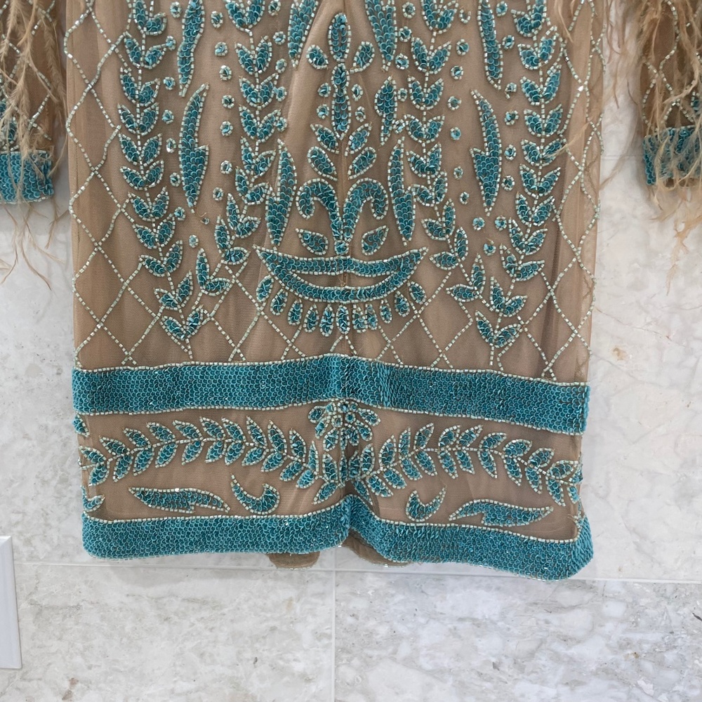 LARA {6} Dress Nude Teal Beaded Cocktail Dress Long-Sleeved - Picture 8 of 16